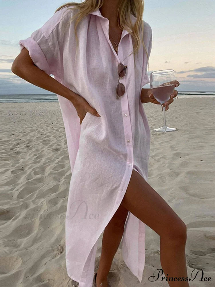 Simple Concept Stylish Maxi Shirt Dress Pink / S