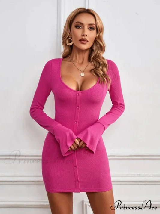 Single-Breasted Knitted Long-Sleeved Dress S / fuchsia