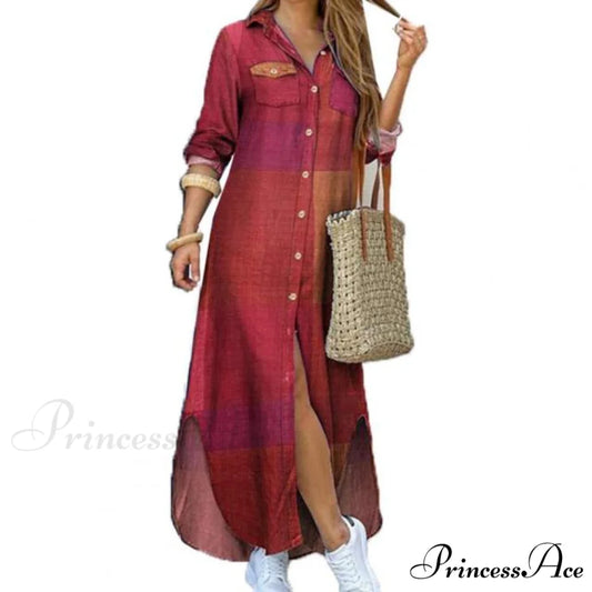 Single-breasted Long Sleeve Printed Loose Shirt Dress Red / M