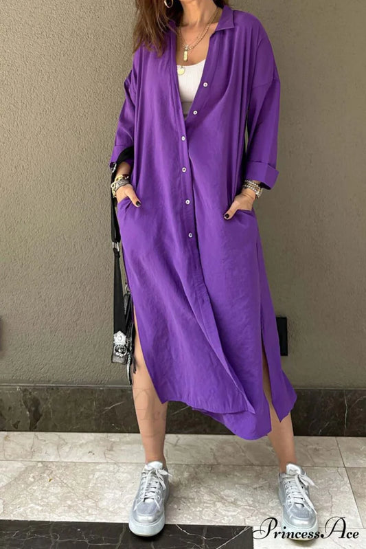 Single-breasted Slit Shirt Dress in Solid Color Purple / M