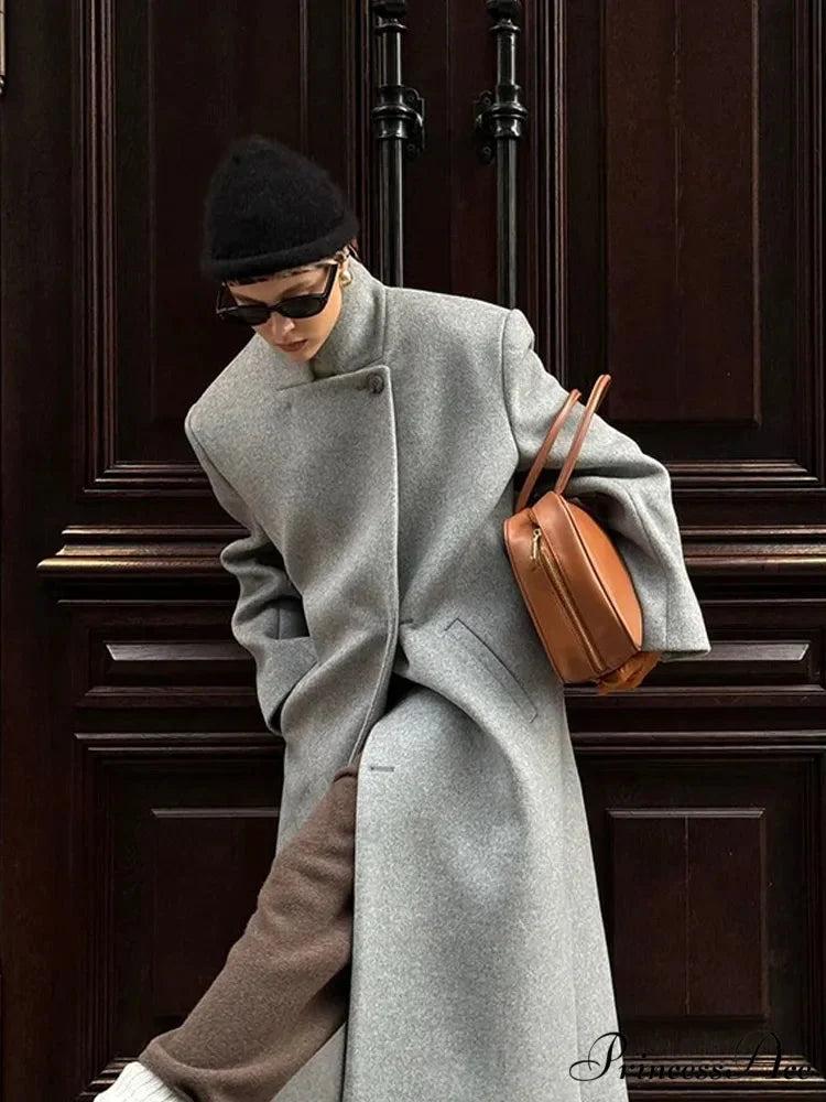 Single Button Woolen Extended Coat coats-241228