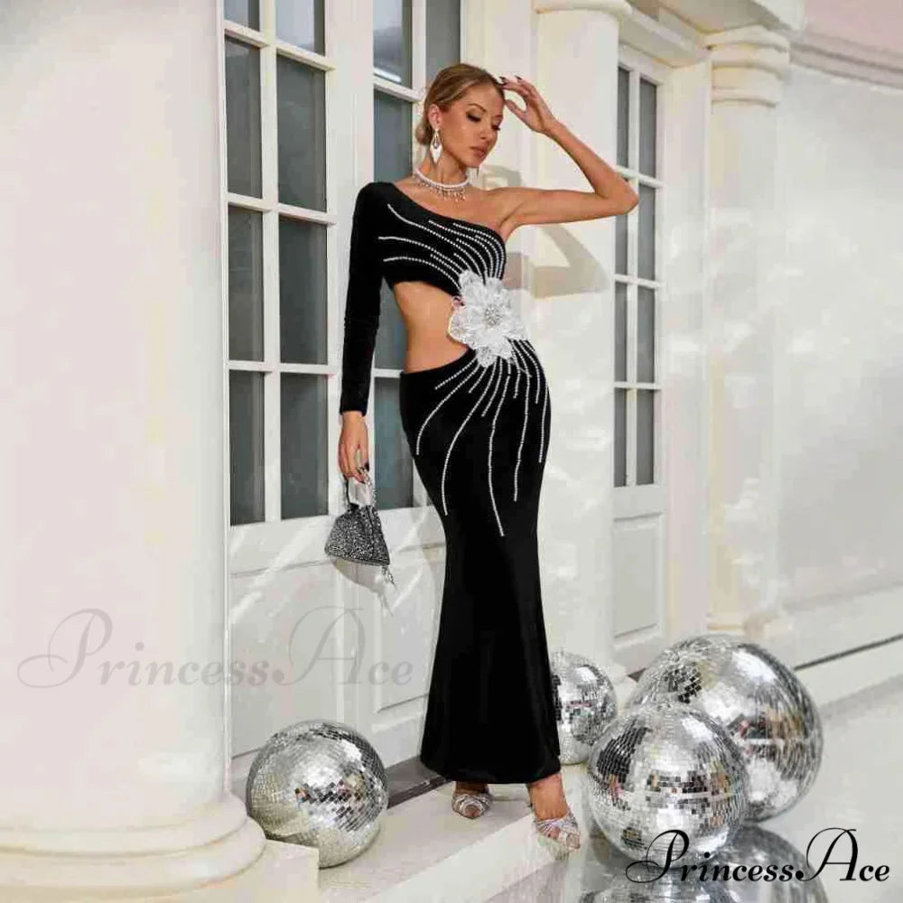 Single Shoulder Pearl Decorated Sophisticated Prom Gown promdress-250223