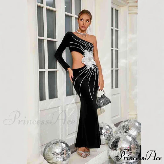 Single Shoulder Pearl Decorated Sophisticated Prom Gown promdress-250223