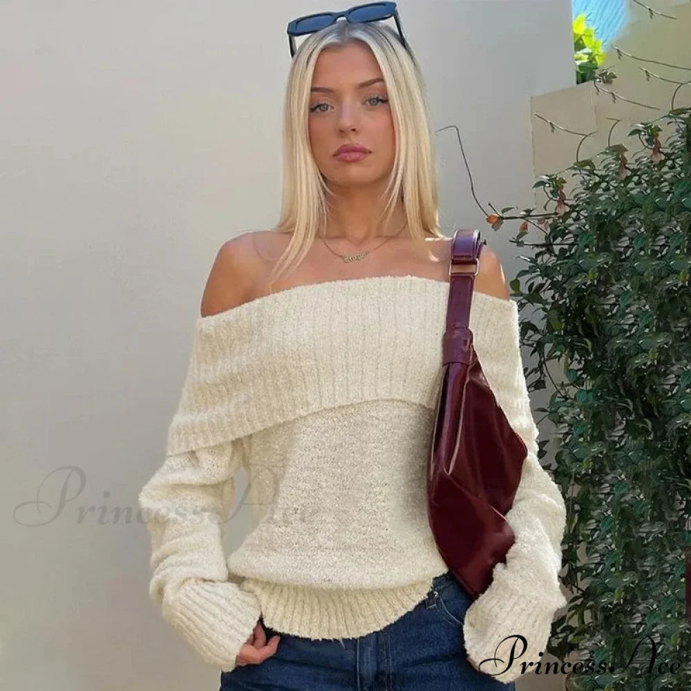 Single Shoulder Sleek Long Sleeve Pullover Jumper Apricot / S swraters-241228
