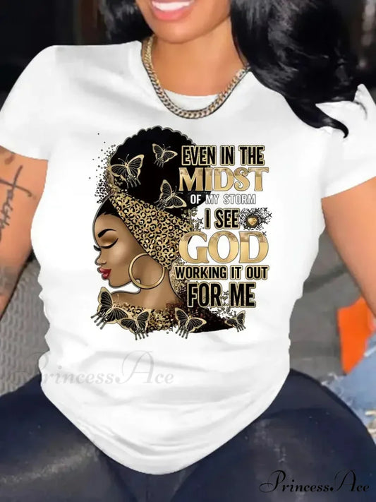 Size Cartoon Portrait & Letter Casual Spring & Summer Women’s Clothing Short Sleeve T-shirt WHITE / L