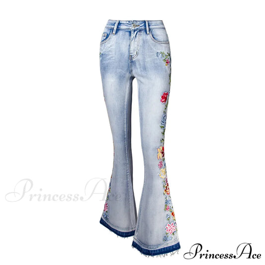 Size S-4XL Elastic Flower Embroidered Flare Womens Retro Style Bell Bottom Skinny Autumn Denim Women Jean Light blue / S