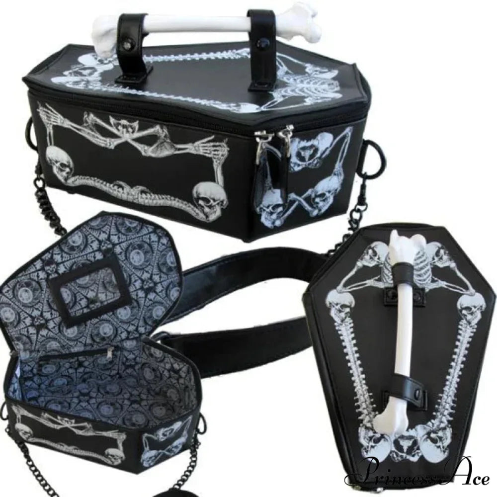 Skeleton Coffin Gothic Bat Black PU Leather Crossbody Bag WHITE