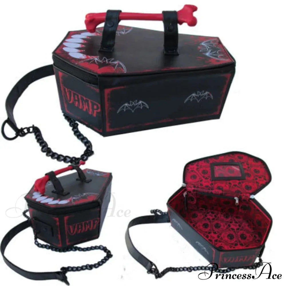 Skeleton Coffin Gothic Bat Black PU Leather Crossbody Bag WHITE