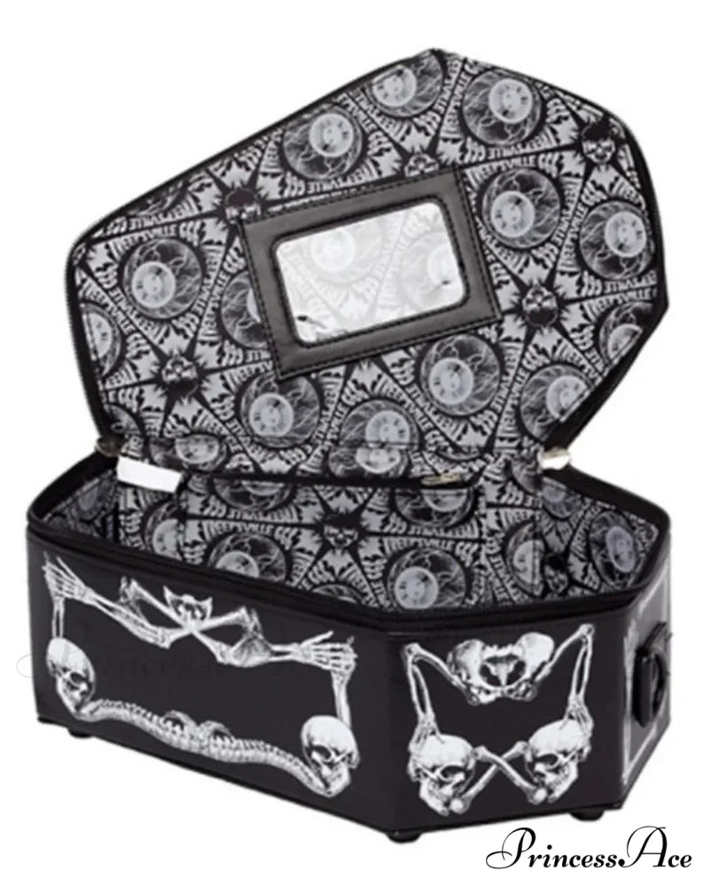 Skeleton Coffin Gothic Bat Black PU Leather Crossbody Bag WHITE