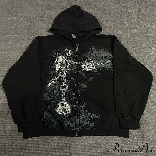 Skeleton Illustration Zipper Hooded Sweatshirt black 1 / S hoodies-241228