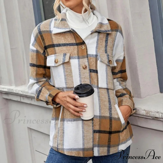 Skin-Touch Winter Thick Trendy Plaid Print Buttons Casual Coat