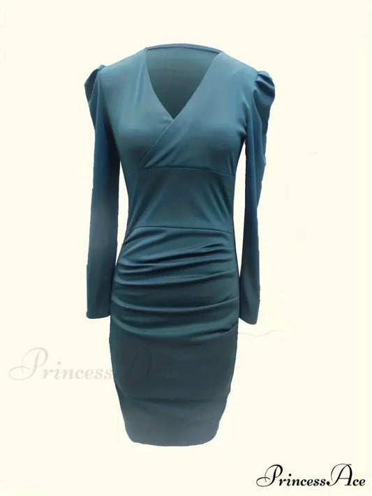 Skinny Long Sleeve V Neck Ruched Dress