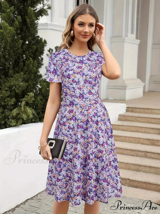 Skinny Waist Flower Pattern Summer Circular Neck Dress Lavender / S oldfloraldress-250126