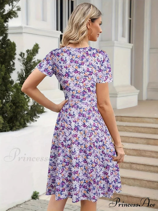 Skinny Waist Flower Pattern Summer Circular Neck Dress oldfloraldress-250126