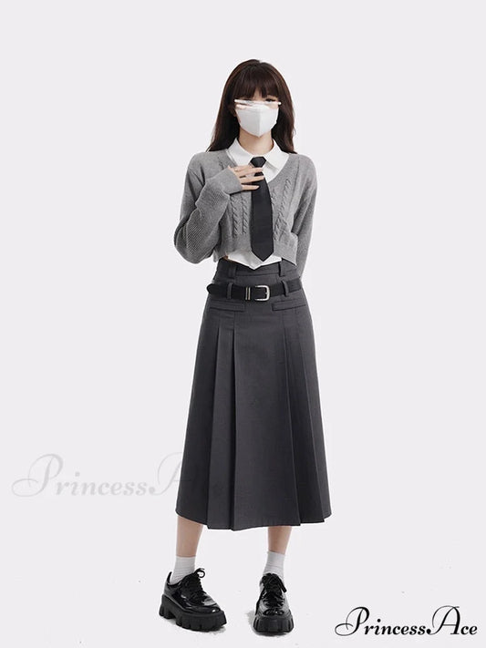 Skirt Harajuku Set White Cardigan Vintage 3-Piece A-line Women’s - Grey Shirt Set / S