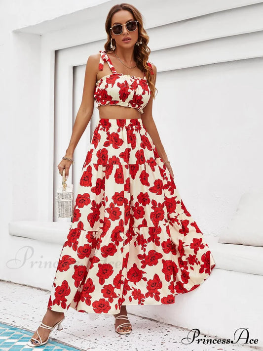 Skirt Tie Tiered Top with Full-Length Flowered Shoulder Set Deep Red / S