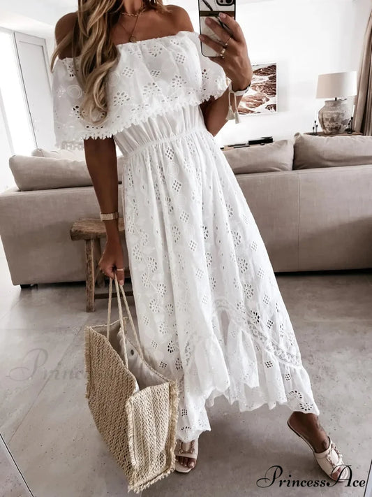 Slash Neck Embroidered Lace Hollowed Out Maxi Ivory Bohemian Dress bohodress-250126