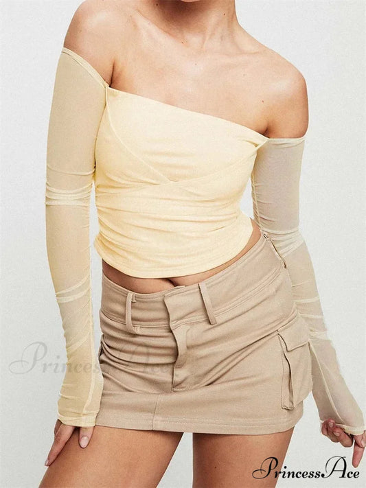 Slash Neck Off Shoulder Mesh See Through Long SleeveT-shirts BEIGE / S