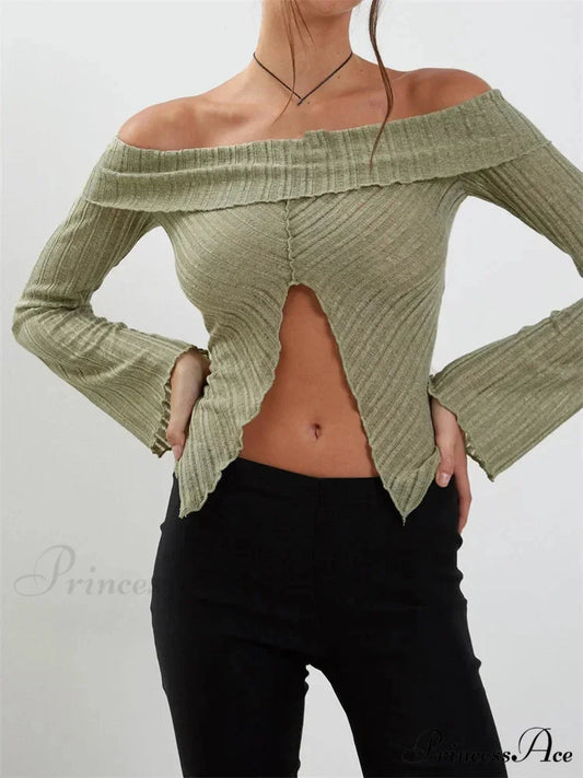 Slash Neck Off Shoulder Solid Color Slim Fit T-Shirts