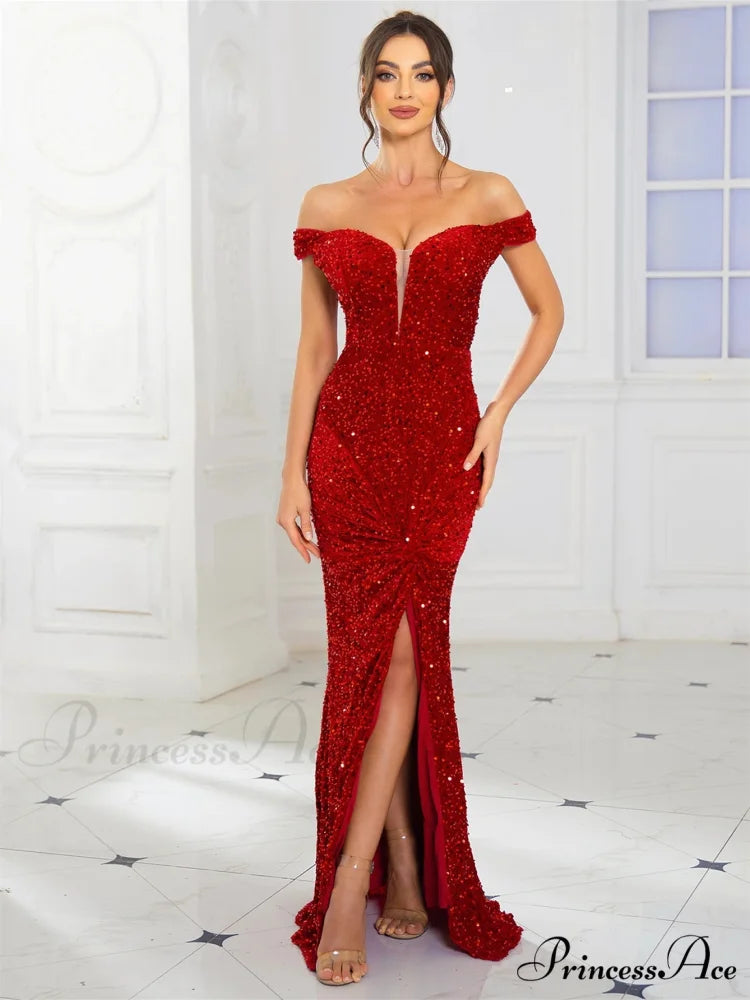 Slash Neck Sequin Party Dress