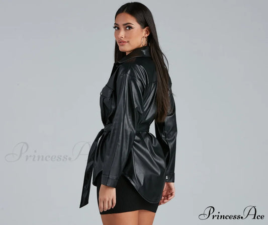 Sleek Trends Faux Leather Tie-Waist Shirt Jacket