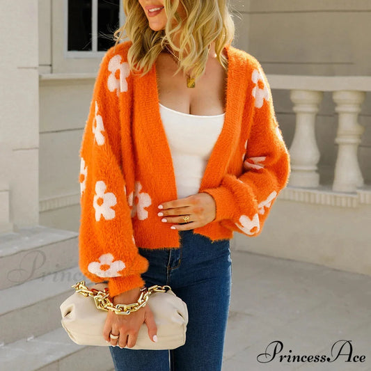 Sleeve Knitted Cropped Floral Cardigan Orange / S cardiagn-250126