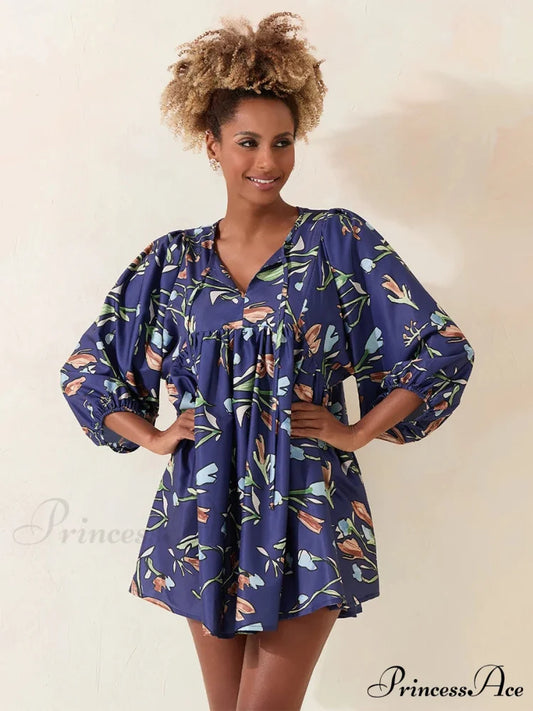 Sleeve Loose Floral Tied Bodydoll Short Floral Dress Blue / S floraldress-250126