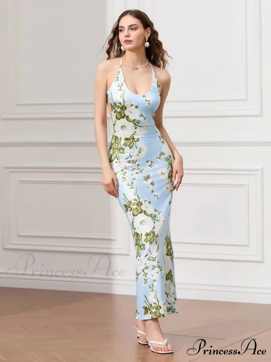 Sleeveless Celebration Spaghetti Strap U-neck Bodycon Evening Floral Dress BLUE / S floraldress-250126
