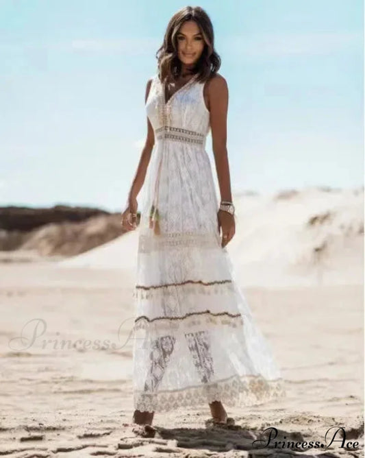 Sleeveless Corded Up Fringe Patchwork Summertime Long Hippie Dress White / S bohodress-250126