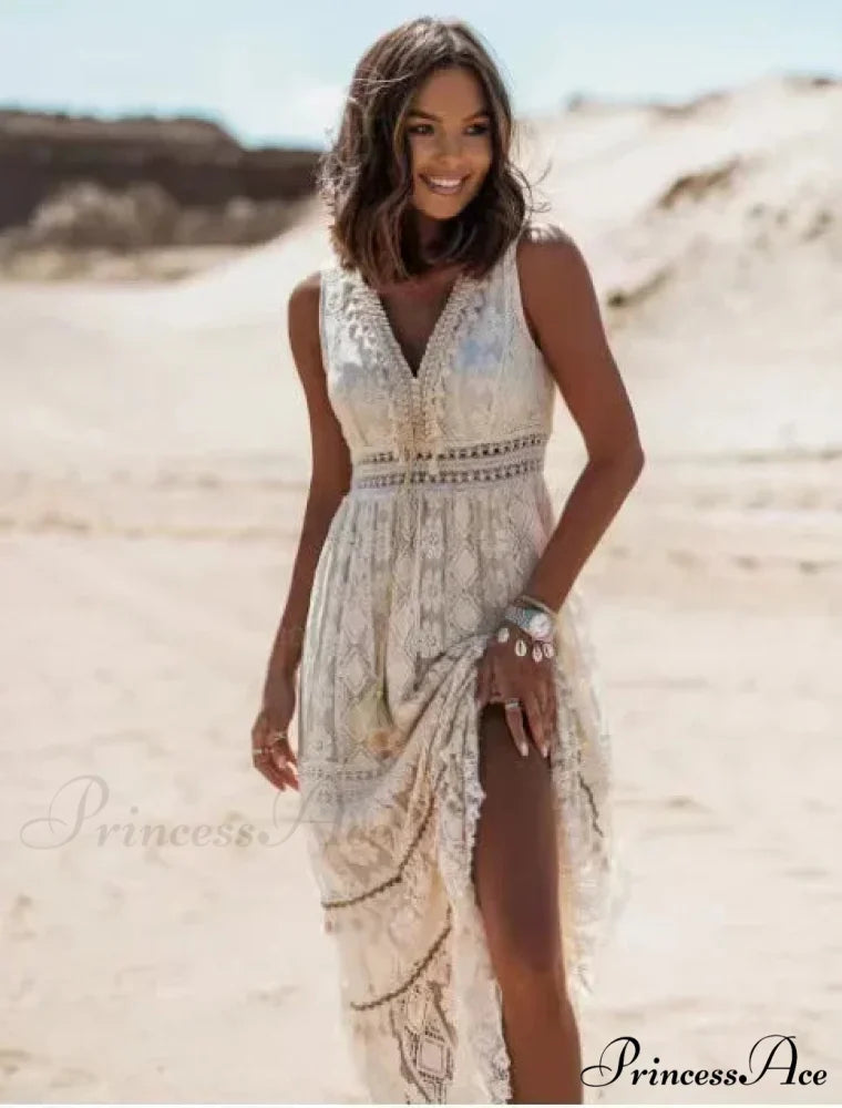 Sleeveless Corded Up Fringe Patchwork Summertime Long Hippie Dress WHITE / S bohodress-250126