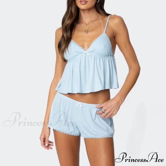 Sleeveless Deep Neck Cami Babydoll Crop Top Lace Trim Shorts Two Pieces Set Blue / S twopiecesset-250126