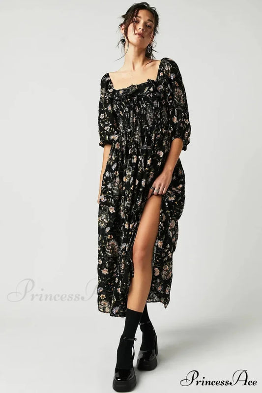Sleeveless Flounced Hem Printed Midi Boho Dress Black / S bohodress-250126
