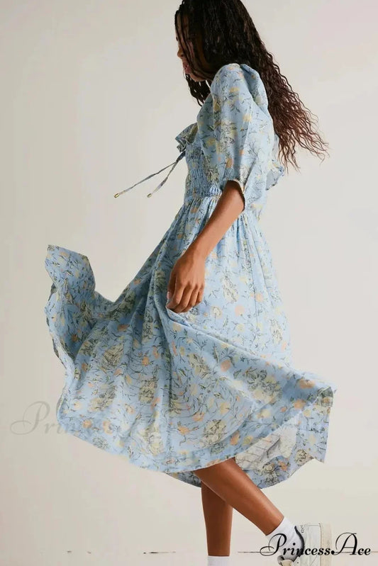 Sleeveless Flounced Hem Printed Midi Boho Dress bohodress-250126