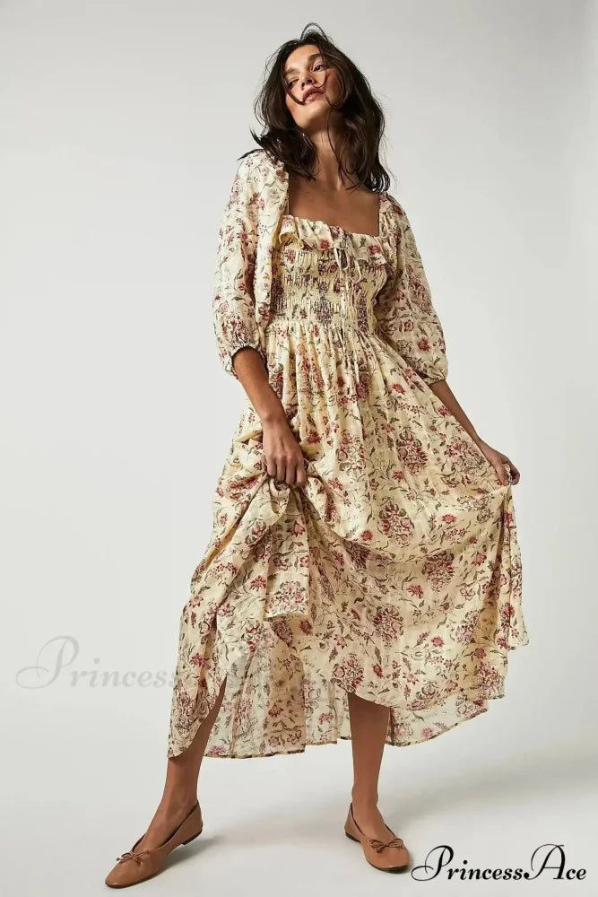 Sleeveless Flounced Hem Printed Midi Boho Dress bohodress-250126