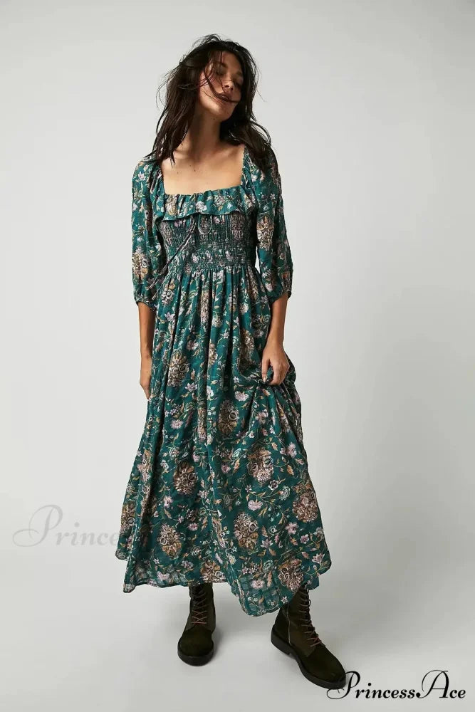 Sleeveless Flounced Hem Printed Midi Boho Dress Green / S bohodress-250126