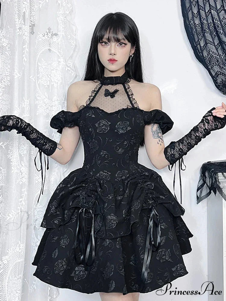 Sleeveless Halter Neck Bow Vintage Backless Cold Shoulder Print Lace Up A-Line Swing Dress Black / S