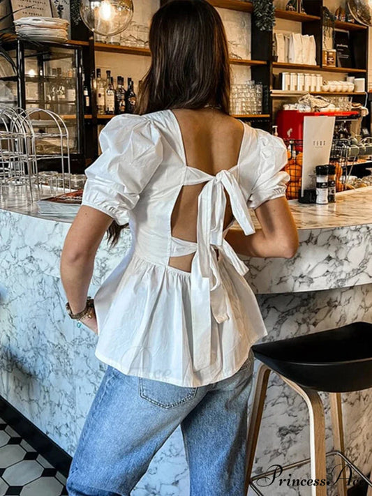 Sleeveless Lace Up Ribbon Short Sleeve Blouse blouse-250223