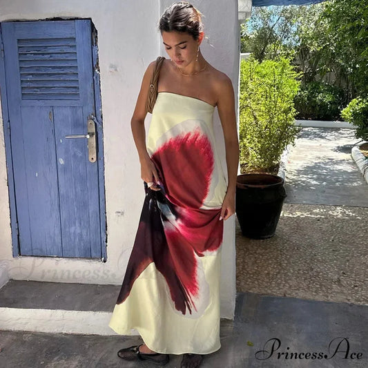 Sleeveless Off-The-Shoulder Patterned Flower Dress apricot / S