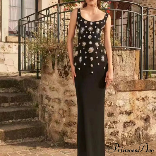 Sleeveless Quadrilateral Neck Embellished Slit Long Prom Dress black / S promdress-250223
