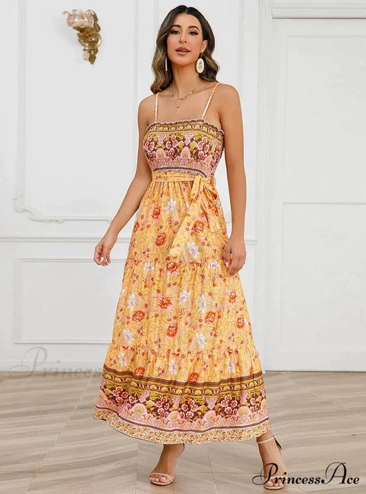 Sleeveless Suspender Dress with Solid Color Stitching S / YELLOW