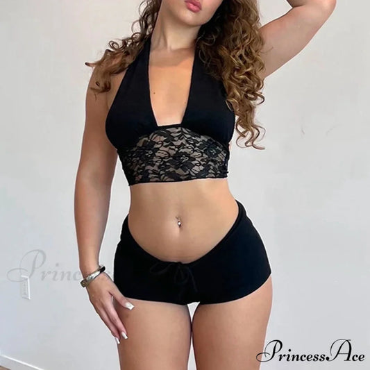Sleeveless Tie-Up Camis Lace Patchwork Halter Crop Top Mini Shorts Two Pieces Set twopiecesset-250126