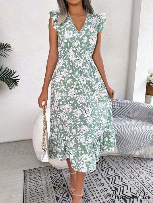 Sleeveless V Neck Summer A Line Midi Dress Boho Dress