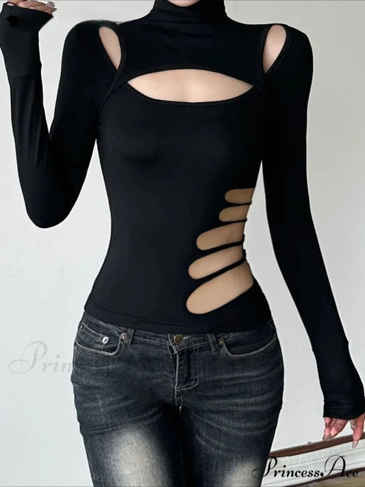 Slender Pierced Turtleneck Uniform Long Sleeve Knit Top Black / S knittop-250126