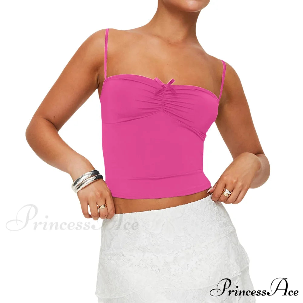 Slim Fit 3D Bow Ruched Sweetheart Neck Backless Spaghetti Strap Stylish Elegant Crop Top Rose Red / S