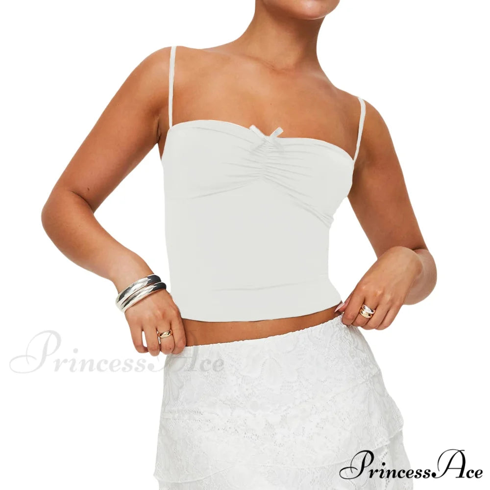 Slim Fit 3D Bow Ruched Sweetheart Neck Backless Spaghetti Strap Stylish Elegant Crop Top WHITE / S