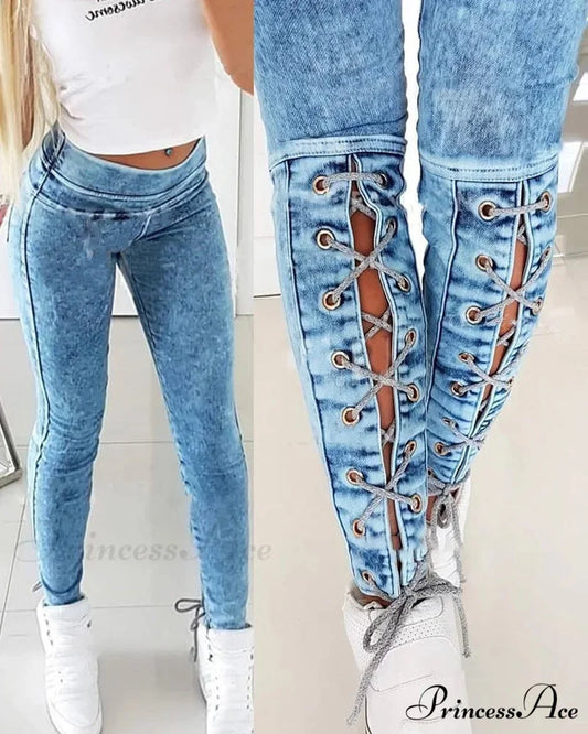 Slim-Fit Lace Up for Women Spring Autumn Fashion Streetwear Trousers Mid Waist Denim Pencil Pants Jean Blue / S