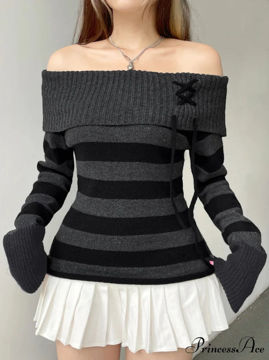 Slim Off-The-Shoulder Striped Pullover Dark Gray / S swraters-241228