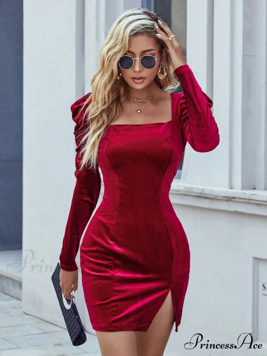 SLIM SQUARE NECK VELVET LONG SLEEVE DRESS XS / burgundy