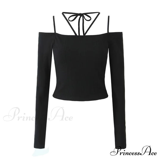 Slim T-Shirt Off-Neck Fit Long Crop Autumn Knitted Two-Tone Arm Top S / Black