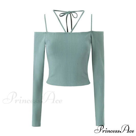 Slim T-Shirt Off-Neck Fit Long Crop Autumn Knitted Two-Tone Arm Top S / Green Beans